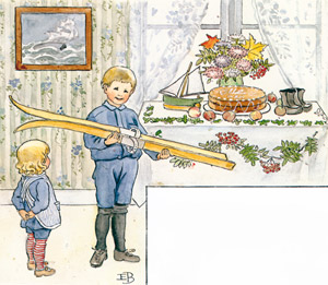 ウッレのスキーのたび 挿絵1 (誕生日に父さんからスキー板をもらったウッレ） [エルサ・ベスコフ, ウッレのスキーのたびより]のサムネイル画像