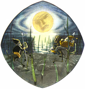 くさはらのこびと 挿絵8 (満月を眺めるけんかするふたり） [エルンスト・クライドルフ, くさはらのこびとより]のサムネイル画像