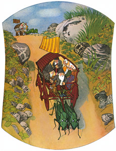 くさはらのこびと 挿絵3 (車に乗るこびとたち） [エルンスト・クライドルフ, くさはらのこびとより]のサムネイル画像
