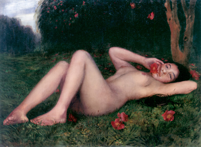 裸婦と椿 [児島虎次郎, 1903年, マリー・ローランサンとその時代展より] パブリックドメイン画像 