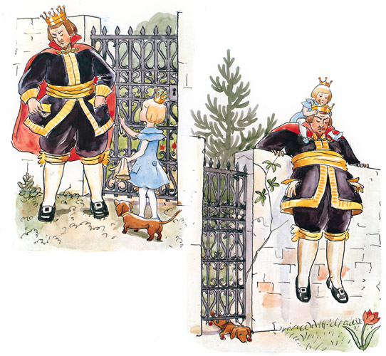 挿絵14 （鍵を無くし、塀を乗り越える王様とセサレット王女） [エルサ・ベスコフ, おうじょさまのぼうけんより] パブリックドメイン画像 