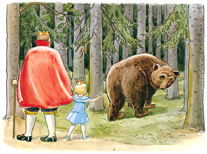 挿絵12 （森に帰る熊を見送る王様とセサレット王女） [エルサ・ベスコフ, おうじょさまのぼうけんより] パブリックドメイン画像 