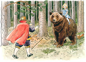 おうじょさまのぼうけん 挿絵11 (熊の背中に乗ったセサレット王女と驚く王様） [エルサ・ベスコフ, おうじょさまのぼうけんより]のサムネイル画像