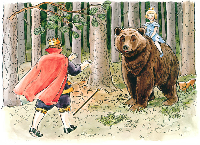 挿絵11 （熊の背中に乗ったセサレット王女と驚く王様） [エルサ・ベスコフ, おうじょさまのぼうけんより] パブリックドメイン画像 