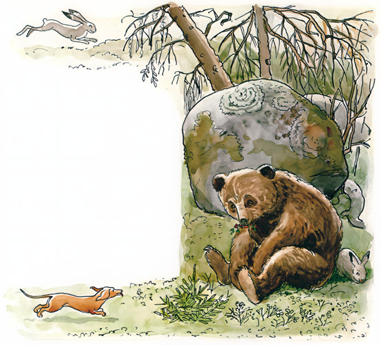 挿絵7 （熊の後ろに隠れる兎と追いかけて来た犬のペレ） [エルサ・ベスコフ, おうじょさまのぼうけんより] パブリックドメイン画像 