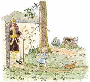おうじょさまのぼうけん 挿絵3 (森に向かうセサレット王女と犬のペレ） [エルサ・ベスコフ, おうじょさまのぼうけんより]のサムネイル画像