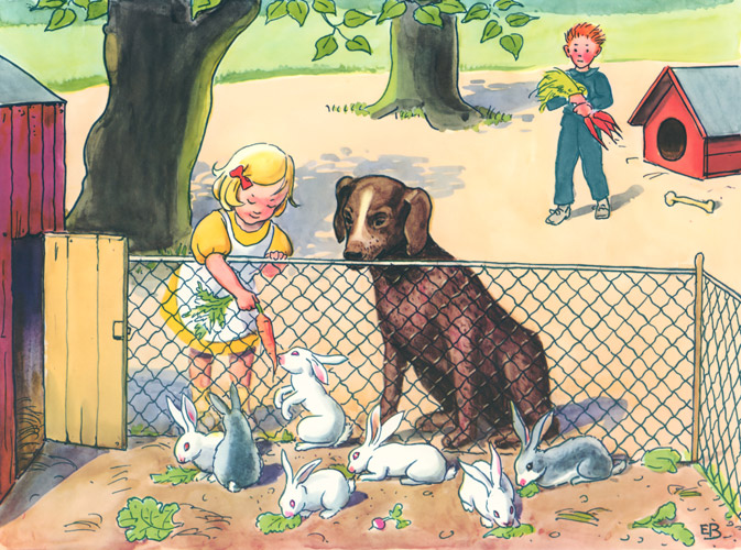 挿絵12 （うさぎにニンジンを与えるアニカと大きな犬） [エルサ・ベスコフ, おりこうなアニカより] パブリックドメイン画像 