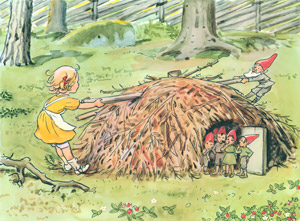 おりこうなアニカ 挿絵8 (丸太を取ろうとするアニカと取らさないように引っ張る小人のお父さん） [エルサ・ベスコフ, おりこうなアニカより]のサムネイル画像