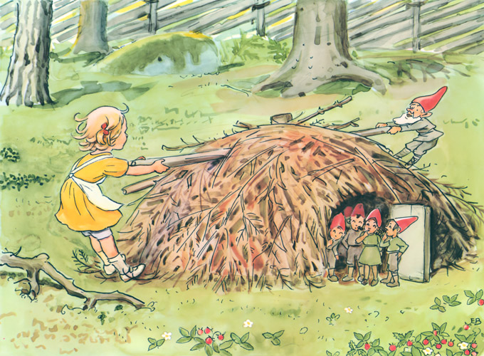 Plate 8 (Dwarf Father and the Girl Pulling a Wood Each Other) [Elsa Beskow,  from Talented Annika]