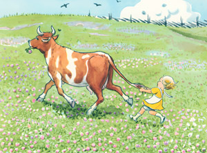 挿絵7 （逃げ出した牛のマイロスの尻尾を引っ張るアニカ） [エルサ・ベスコフ, おりこうなアニカより]のサムネイル画像