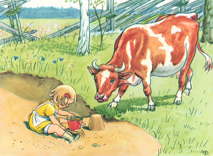 挿絵6 （牛のマイロスと砂遊びしているアニカ） [エルサ・ベスコフ, おりこうなアニカより] パブリックドメイン画像 