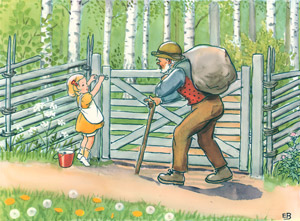 挿絵5 （牧場の鍵を開けようとするアニカと通りかかったおじいさん） [エルサ・ベスコフ, おりこうなアニカより]のサムネイル画像