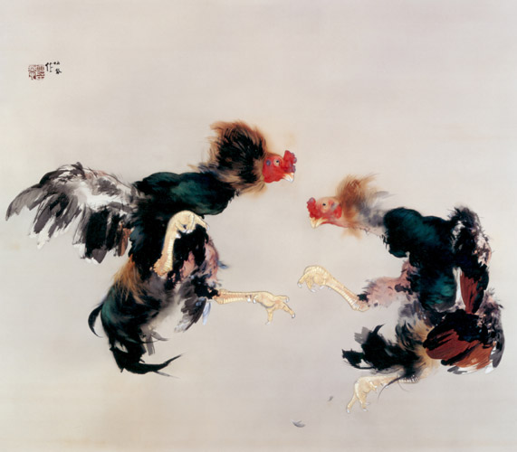 蹴合 [竹内栖鳳, 1926年, 竹内栖鳳展 近代日本画の巨人より] パブリックドメイン画像 