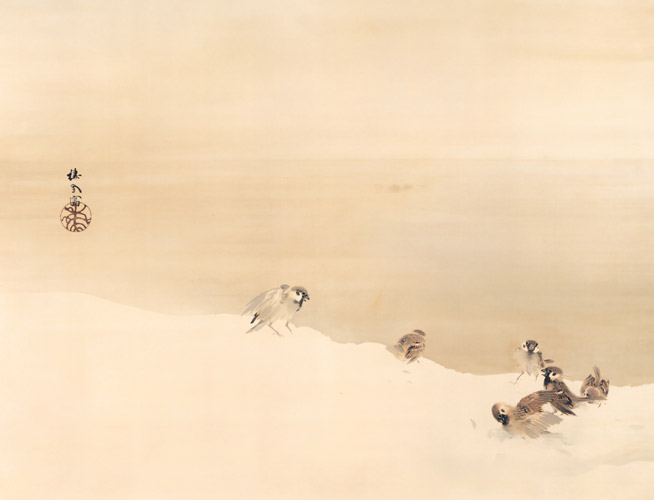 雪中噪雀図 [竹内栖鳳, 1900年頃, 竹内栖鳳展 近代日本画の巨人より] パブリックドメイン画像 