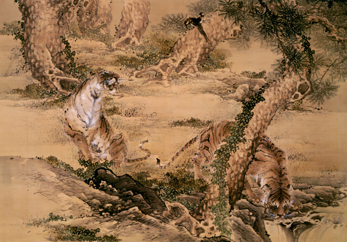 Pine Trees and Tigers [Takeuchi Seihō, c.1897, from Takeuchi Seiho Exhibition Catalog 2013]