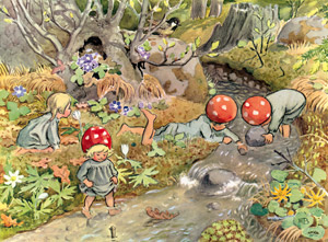 挿絵29 (小川でダムを作る森の小人の子供たち） [エルサ・ベスコフ, もりのこびとたちより]のサムネイル画像