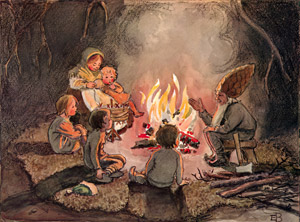 挿絵27 (焚き火の前で子供たちに話をする小人のお父さん） [エルサ・ベスコフ, もりのこびとたちより]のサムネイル画像