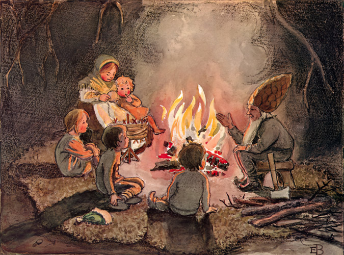 挿絵27 (焚き火の前で子供たちに話をする小人のお父さん） [エルサ・ベスコフ, もりのこびとたちより] パブリックドメイン画像 