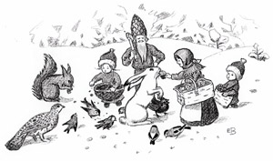 挿絵26 (森の動物たちに御馳走する小人の家族） [エルサ・ベスコフ, もりのこびとたちより]のサムネイル画像