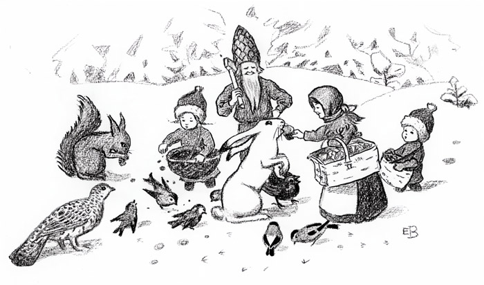 挿絵26 (森の動物たちに御馳走する小人の家族） [エルサ・ベスコフ, もりのこびとたちより] パブリックドメイン画像 