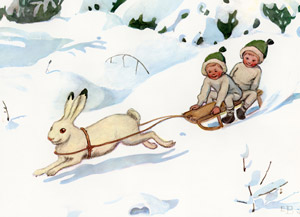 挿絵25 (ウサギの橇に乗る小人の子供たち） [エルサ・ベスコフ, もりのこびとたちより]のサムネイル画像