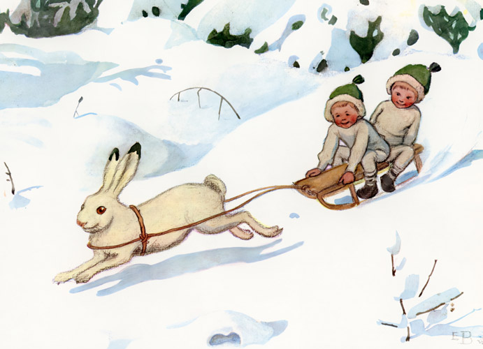 挿絵25 (ウサギの橇に乗る小人の子供たち） [エルサ・ベスコフ, もりのこびとたちより] パブリックドメイン画像 