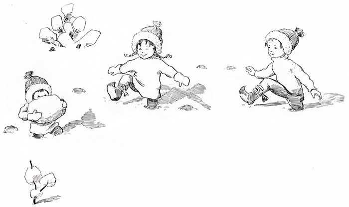 挿絵24 (雪で遊ぶ小人の子供たち） [エルサ・ベスコフ, もりのこびとたちより] パブリックドメイン画像 