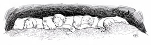 挿絵22 (ベッドに入って眠っている小人の子供たち） [エルサ・ベスコフ, もりのこびとたちより]のサムネイル画像
