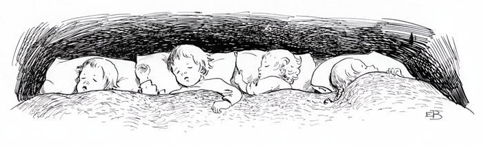 挿絵22 (ベッドに入って眠っている小人の子供たち） [エルサ・ベスコフ, もりのこびとたちより] パブリックドメイン画像 