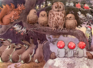 挿絵21 (ふくろう先生のお話を聞く小人の子供たちと動物たち） [エルサ・ベスコフ, もりのこびとたちより]のサムネイル画像