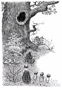 挿絵18 (子供たちを連れて樫の木に住むふくろう奥さんを訪ねる小人のお母さん） [エルサ・ベスコフ, もりのこびとたちより]のサムネイル画像