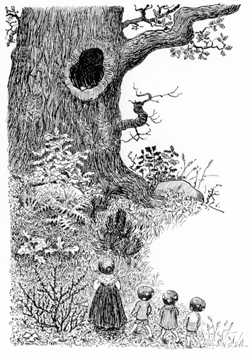 挿絵18 (子供たちを連れて樫の木に住むふくろう奥さんを訪ねる小人のお母さん） [エルサ・ベスコフ, もりのこびとたちより] パブリックドメイン画像 