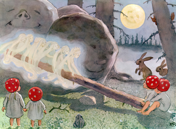 挿絵17 (妖精たちとシーソーで遊ぶ小人の子供たち） [エルサ・ベスコフ, もりのこびとたちより] パブリックドメイン画像 