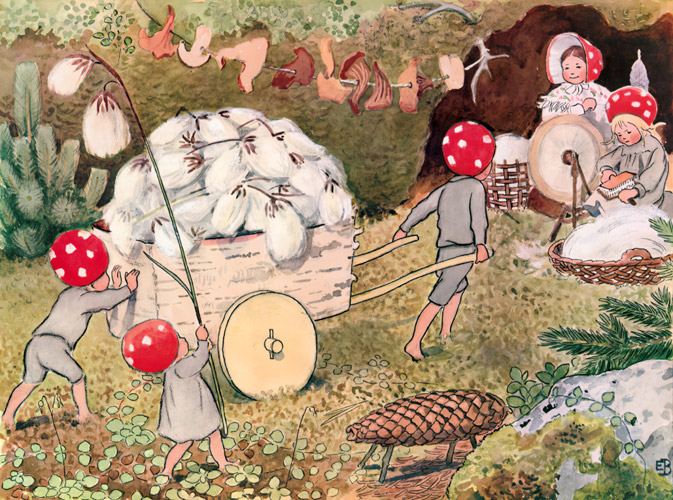 挿絵15 (糸や布を作るためにワタスゲの実を集める小人の子供たち） [エルサ・ベスコフ, もりのこびとたちより] パブリックドメイン画像 