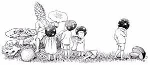 挿絵12 (キノコについて子供たちに教える小人のお父さん） [エルサ・ベスコフ, もりのこびとたちより]のサムネイル画像