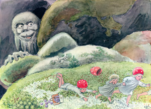 挿絵11 (顔を出して森の小人の子供たちを驚かすトロル） [エルサ・ベスコフ, もりのこびとたちより]のサムネイル画像