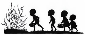 挿絵10 (トロルに気付かれないよう抜き足差し足で通る小人の子供たち） [エルサ・ベスコフ, もりのこびとたちより]のサムネイル画像