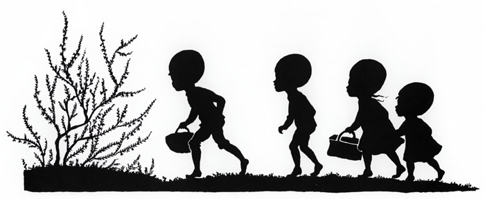 挿絵10 (トロルに気付かれないよう抜き足差し足で通る小人の子供たち） [エルサ・ベスコフ, もりのこびとたちより] パブリックドメイン画像 