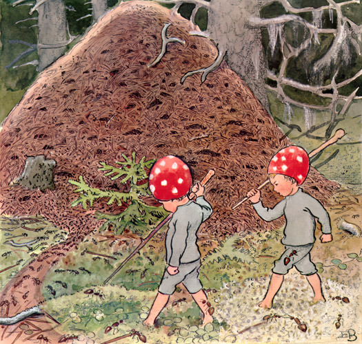 挿絵8 (小さい蟻と戦う小人の子供たち） [エルサ・ベスコフ, もりのこびとたちより] パブリックドメイン画像 
