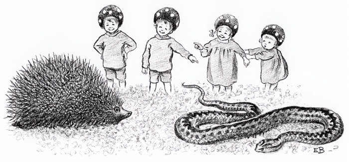 Plate 7 (Spirit Children Delivering a Snake to a Hedgehog.) [Elsa Beskow,  from Children of the Forest]
