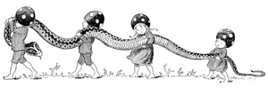 挿絵6 (お父さんが倒した蛇を運ぶ小人の子供たち） [エルサ・ベスコフ, もりのこびとたちより]のサムネイル画像