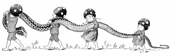 挿絵6 (お父さんが倒した蛇を運ぶ小人の子供たち） [エルサ・ベスコフ, もりのこびとたちより] パブリックドメイン画像 