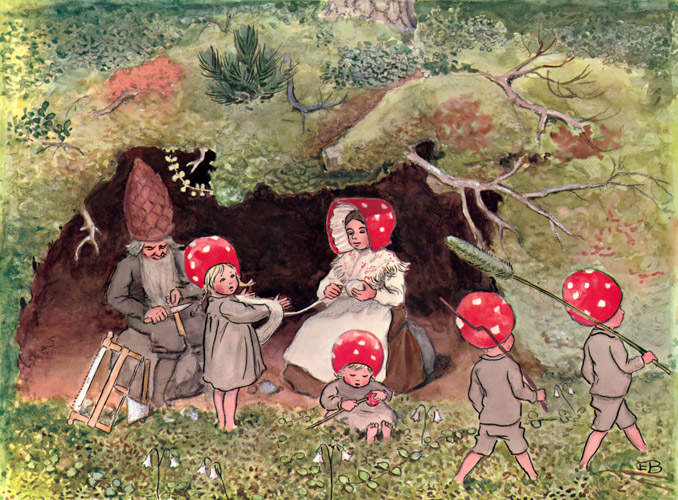 挿絵1 (松の木の根本に住む森の小人たち） [エルサ・ベスコフ, もりのこびとたちより] パブリックドメイン画像 