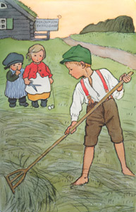 挿絵15 (仕立屋さんの家の干し草を集めるペレ） [エルサ・ベスコフ, ペレのあたらしいふくより]のサムネイル画像