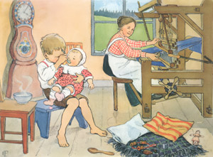 挿絵13 (妹の面倒を見るペレと糸で布を織るお母さん） [エルサ・ベスコフ, ペレのあたらしいふくより]のサムネイル画像