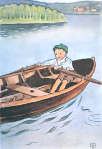 挿絵10 (ペンキ屋のおじさんに頼まれたテレピン油を買いに舟をこぐペレ） [エルサ・ベスコフ, ペレのあたらしいふくより]のサムネイル画像
