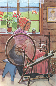 挿絵8 (ペレが持ってきた毛を糸に紡ぐおばあさん） [エルサ・ベスコフ, ペレのあたらしいふくより]のサムネイル画像