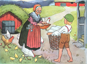 挿絵6 (もうひとりのおばあさんに糸を紡いでもらえないか聞くペレ） [エルサ・ベスコフ, ペレのあたらしいふくより]のサムネイル画像
