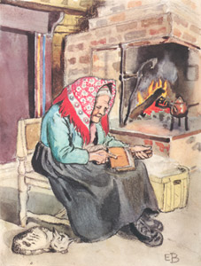 挿絵5 (ペレが持ってきた羊の毛を梳くおばあさん） [エルサ・ベスコフ, ペレのあたらしいふくより]のサムネイル画像