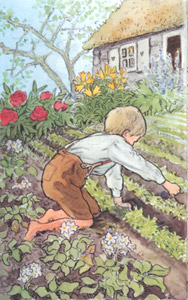 挿絵4 (おばあんの畑の草むしりをするペレ） [エルサ・ベスコフ, ペレのあたらしいふくより]のサムネイル画像